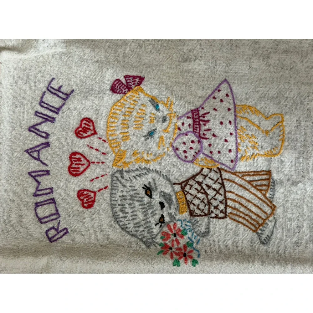 Hand Embroidered Cat Tea Towels Set 6 Kitsch Wedding Honeymoon